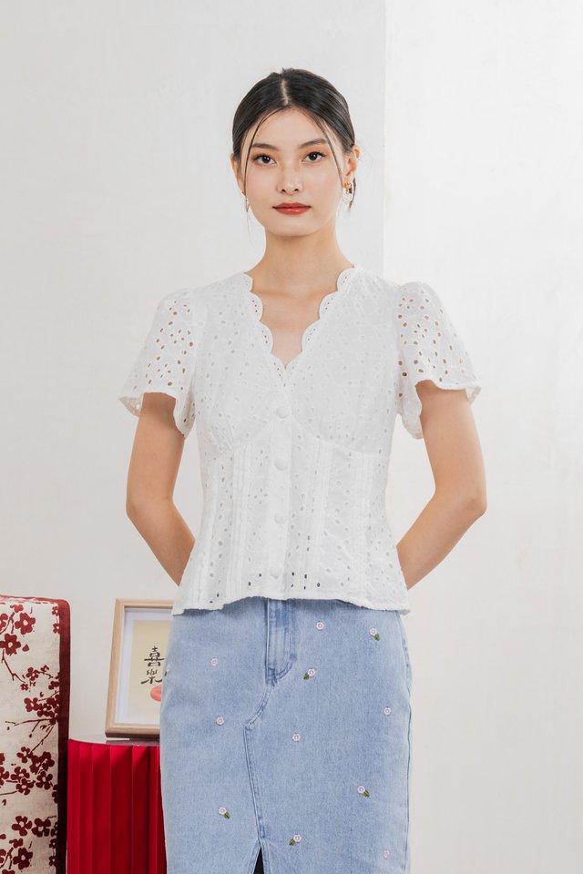Orielle Eyelet Buttons Top In White