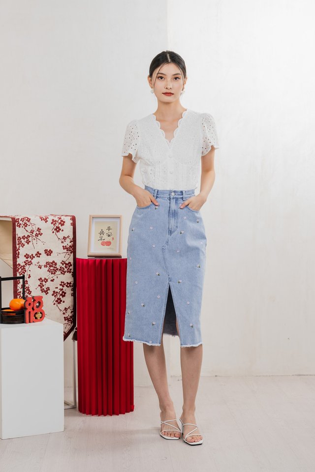 Lotus Denim Midi Skirt In Light Wash