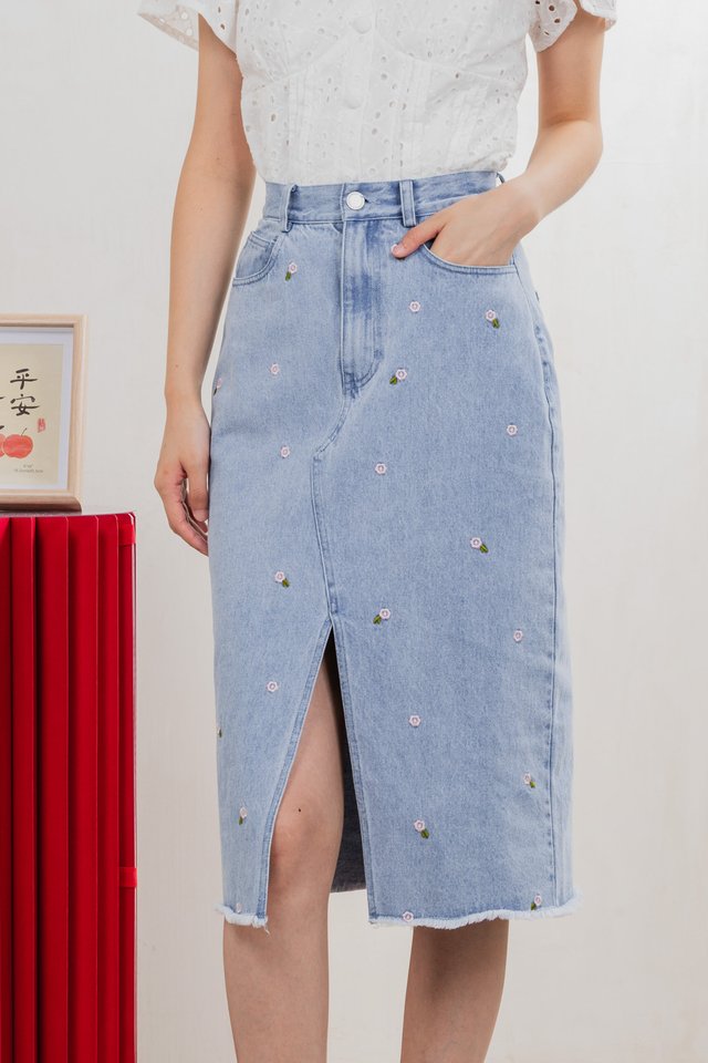 Lotus Denim Midi Skirt In Light Wash