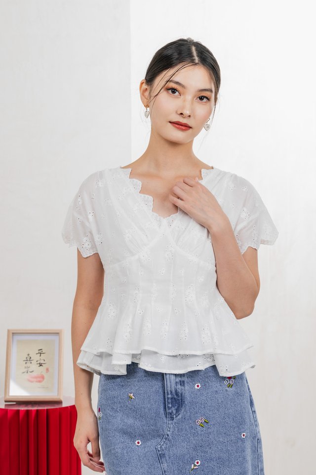 Nancie Floral Eyelet Empire Top In White