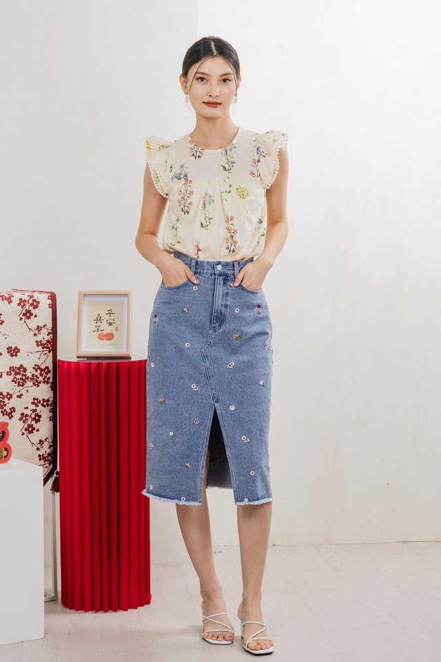 Asters Denim Midi Skirt In Mid Wash