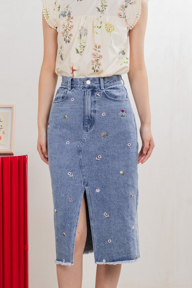 Asters Denim Midi Skirt In Mid Wash