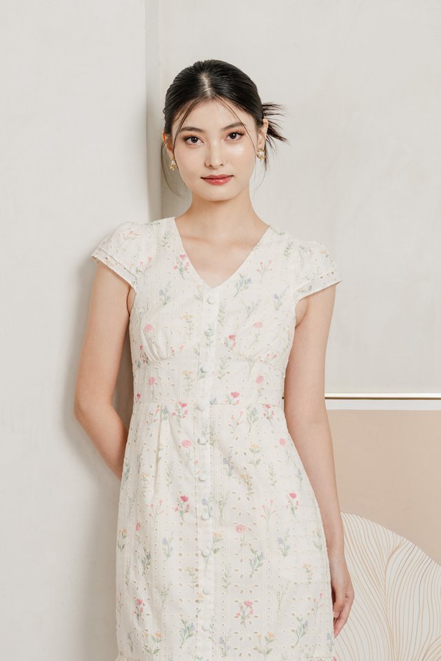 Spring Melody Eyelet Buttons Midi Dress
