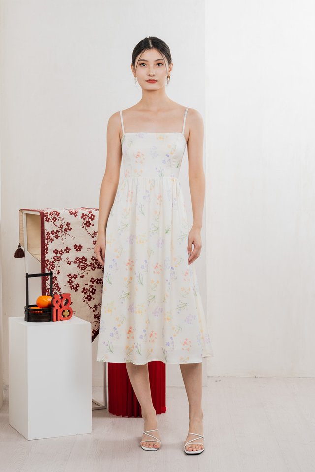 Villa Watercolour Camisole Midi Dress In Cream