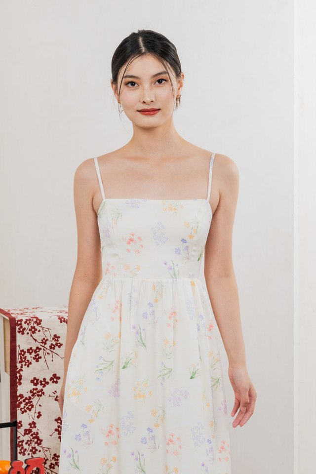 Villa Watercolour Camisole Midi Dress In Cream