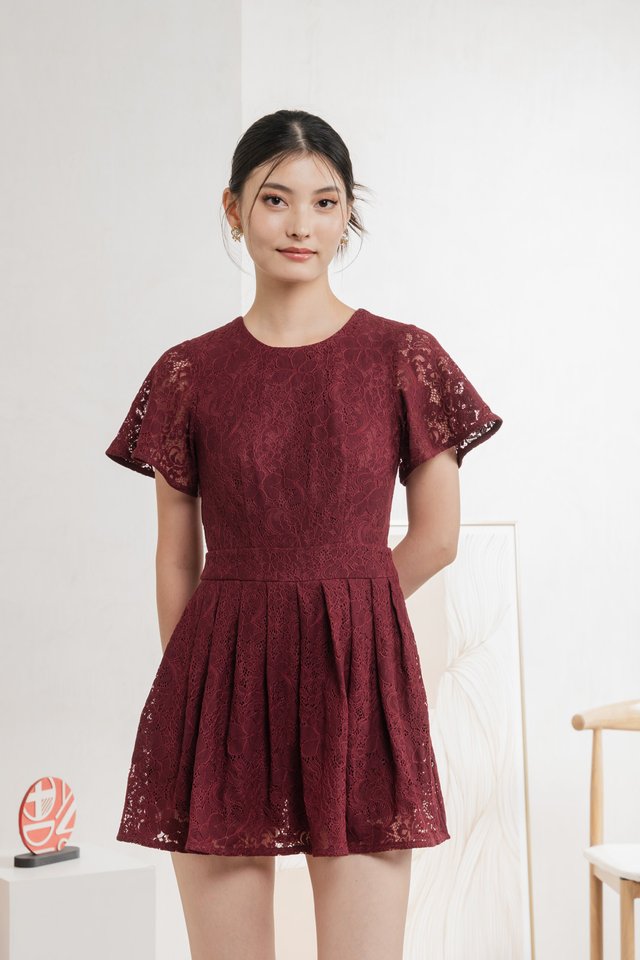 Oriental Pleated Lace Romper In Wine