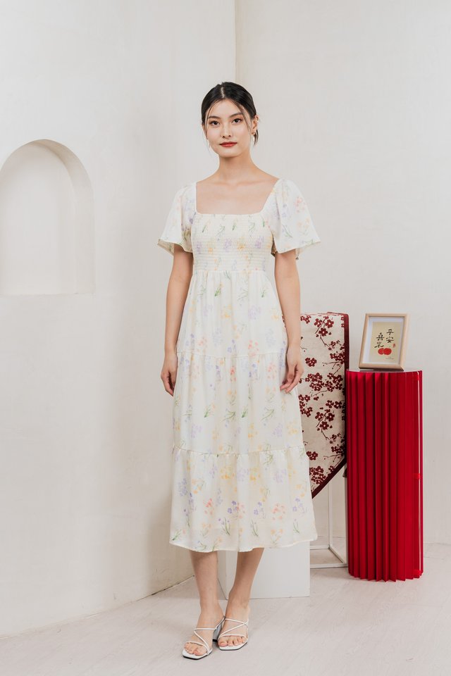 Villa Watercolour Smocked Tiered Midi Dress In Cream