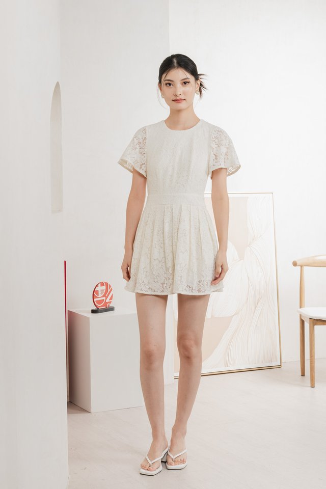 Oriental Pleated Lace Romper In Vanilla