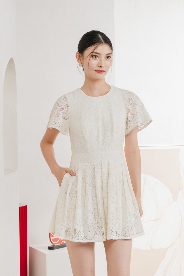 Oriental Pleated Lace Romper In Vanilla