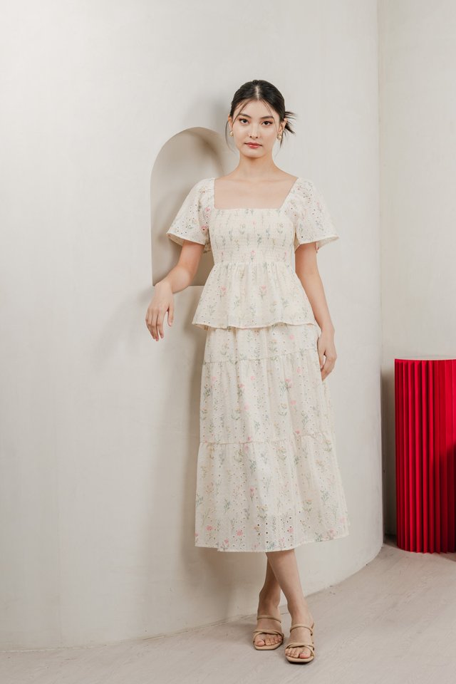 Spring Melody Eyelet Tiered Midi Skirt