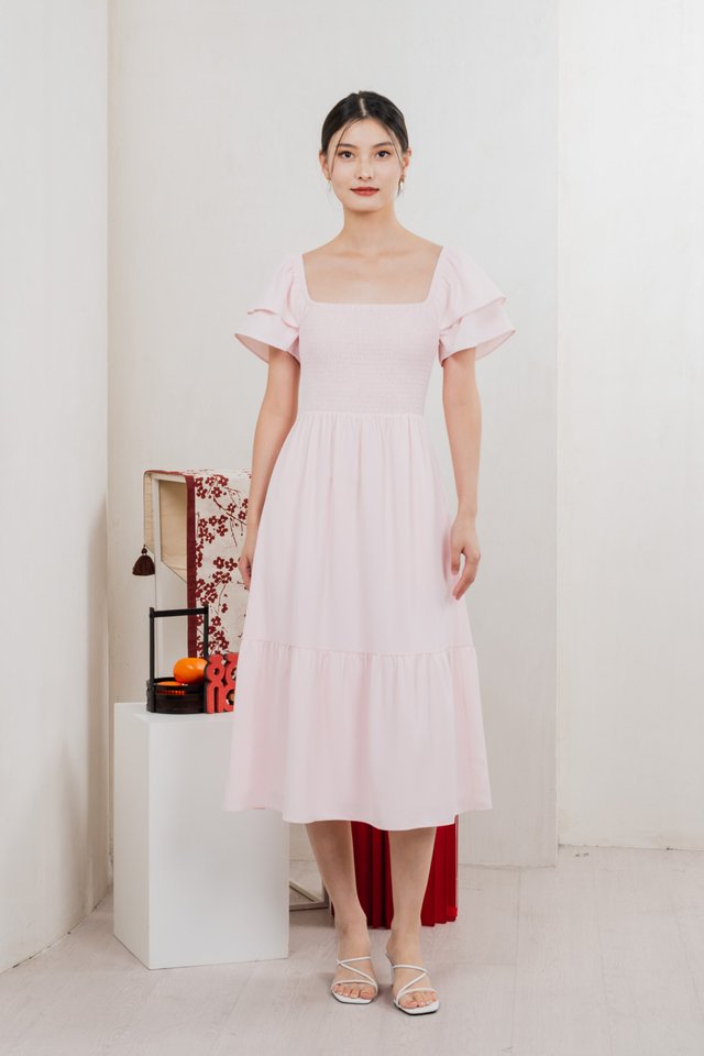 Naia Smocked Flare Sleeves Midi Dress In Pastel Pink