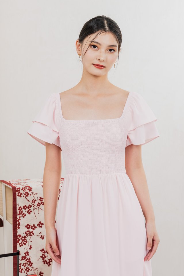 Naia Smocked Flare Sleeves Midi Dress In Pastel Pink