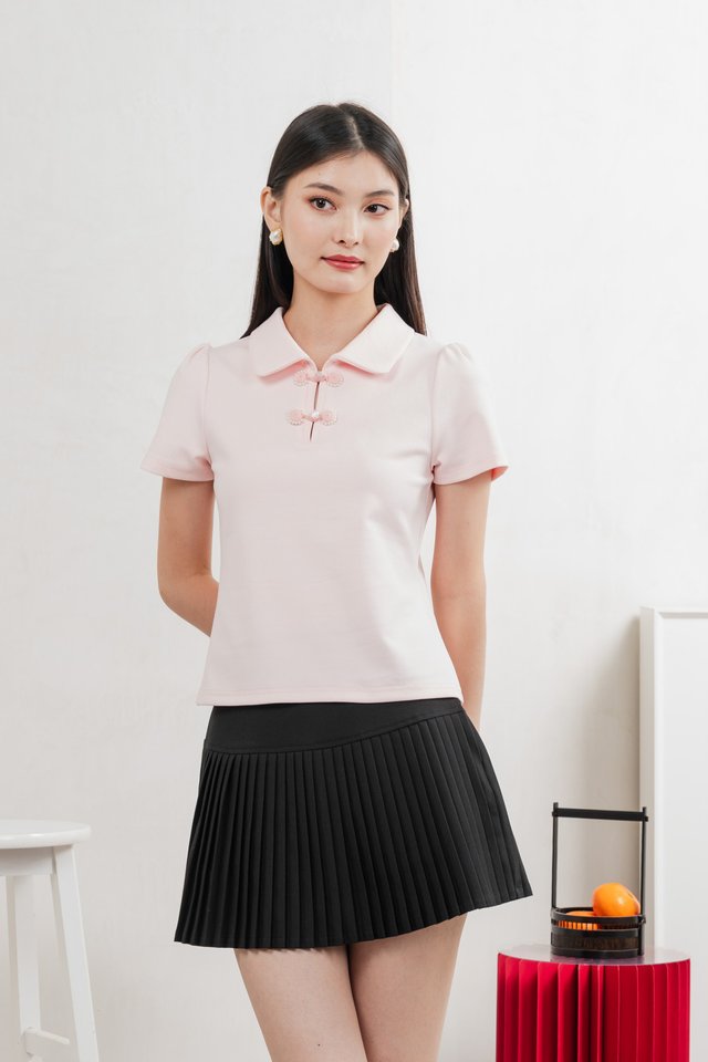 Yue Pearl Cheongsam Polo Top In Pastel Pink