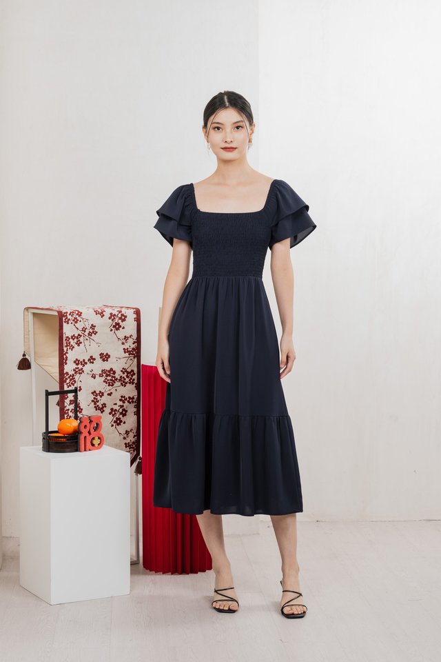 Naia Smocked Flare Sleeves Midi Dress In Navy