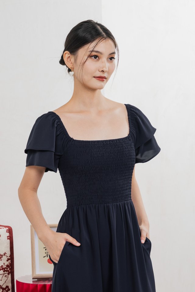 Naia Smocked Flare Sleeves Midi Dress In Navy