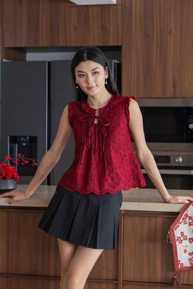 Heartstrings Eyelet Ruffles Top In Wine Red