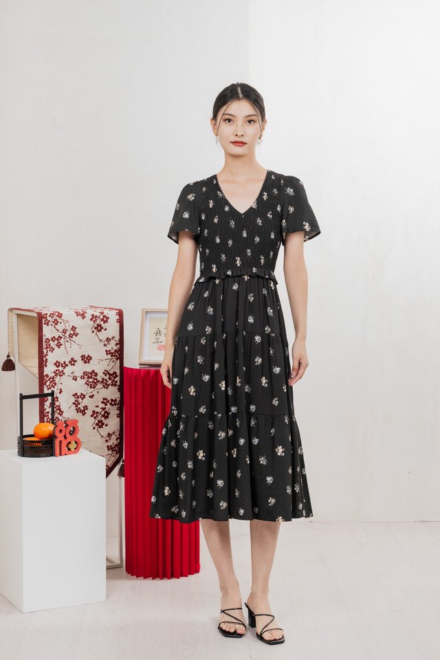 Springfields Smocked Midi Dress In Black