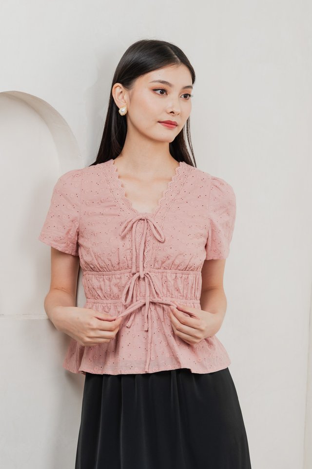 Aviva Eyelet Ribbon Top In Pink