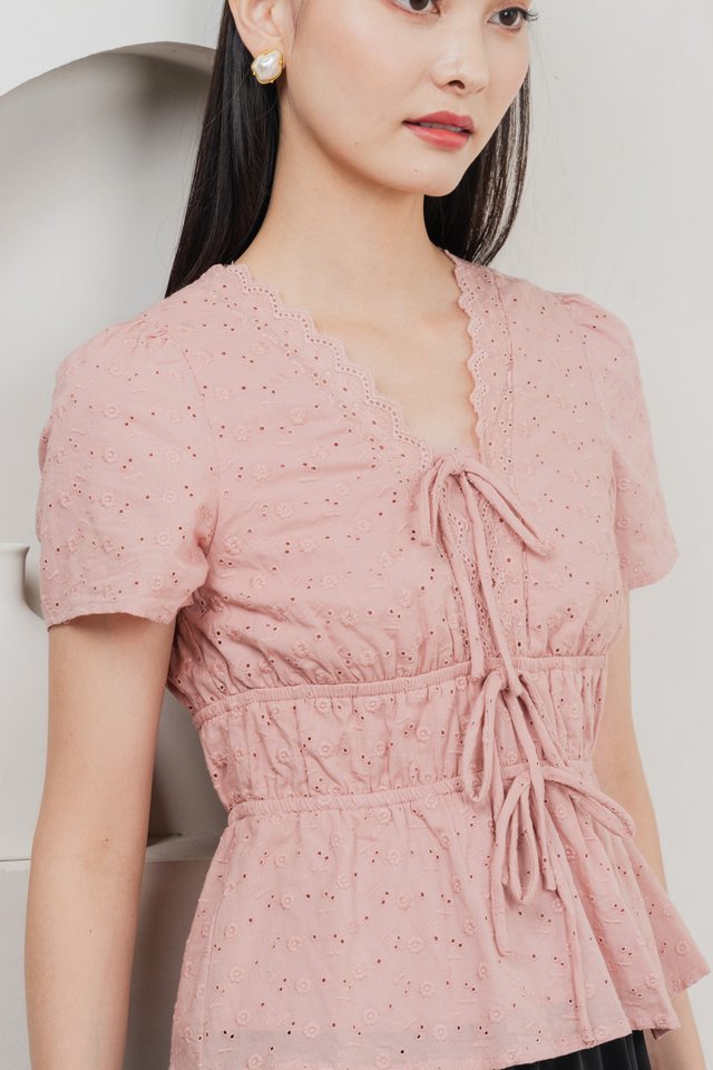 Aviva Eyelet Ribbon Top In Pink