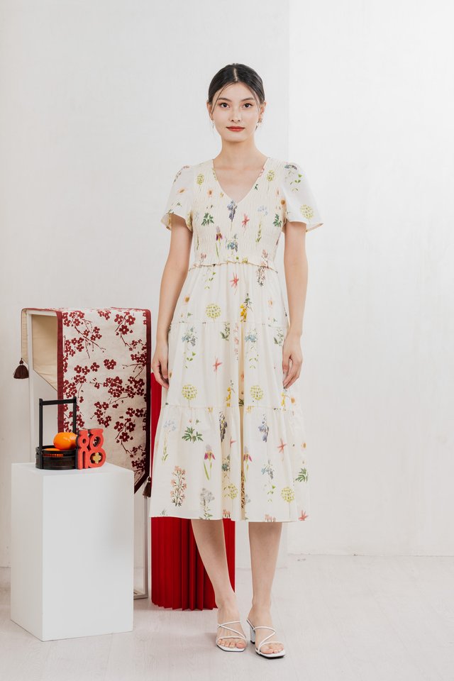 Springfields Smocked Midi Dress In Cream