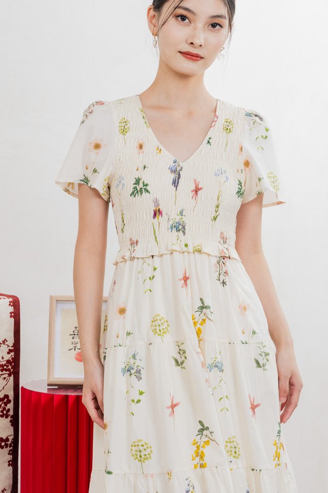 Springfields Smocked Midi Dress In Cream