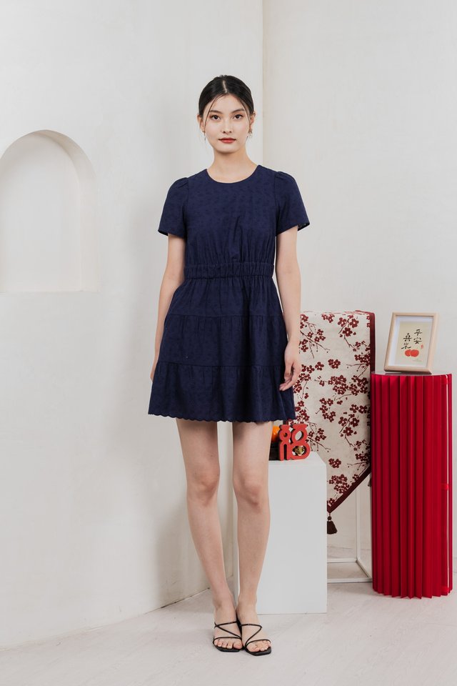 Shine Eyelet Embroidery Tiered Dress In Navy