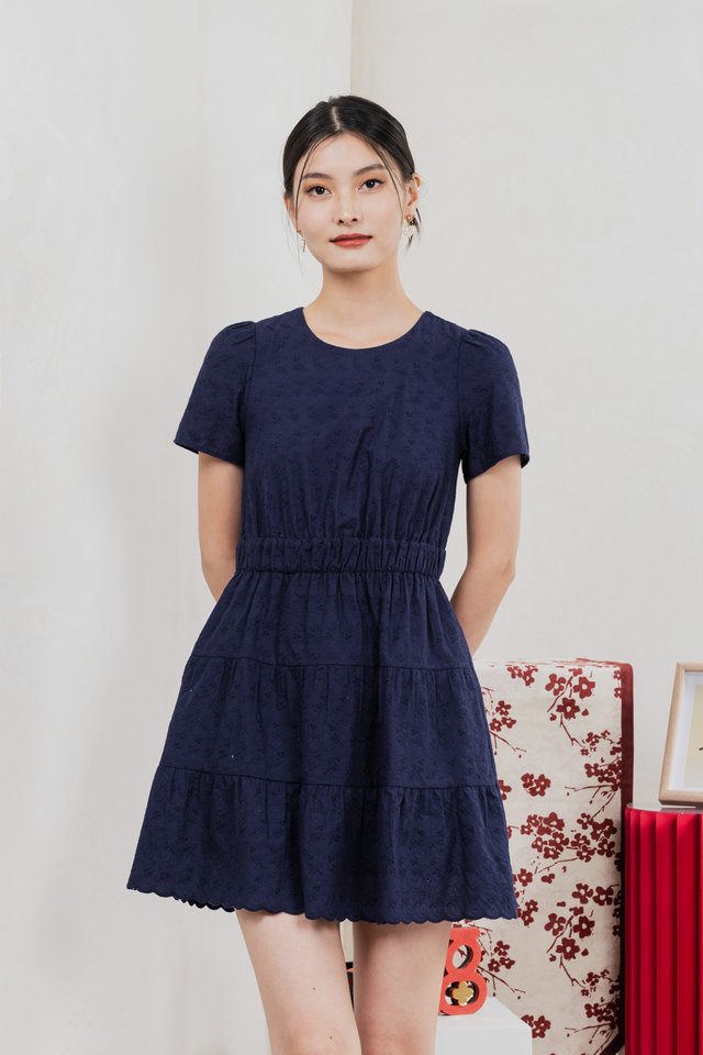 Shine Eyelet Embroidery Tiered Dress In Navy