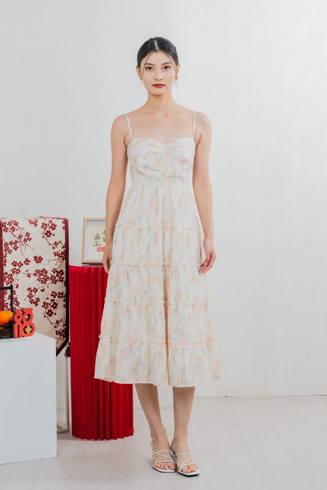 Jing Eyelet Floral Tiered Midi Dress In Cream