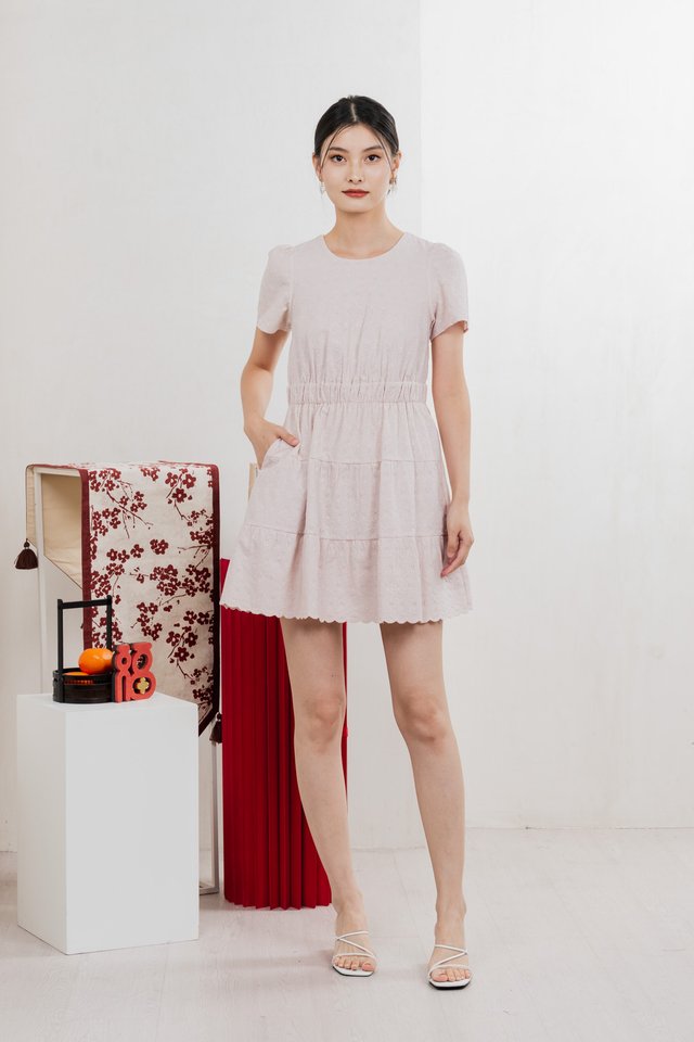 Shine Eyelet Embroidery Tiered Dress In Dusty Pink