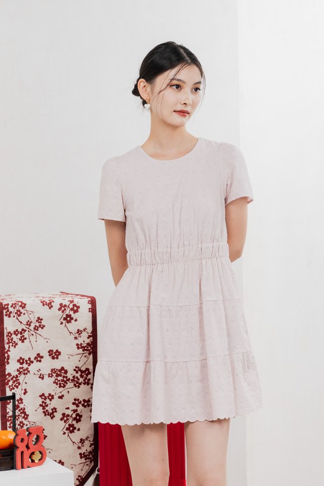Shine Eyelet Embroidery Tiered Dress In Dusty Pink