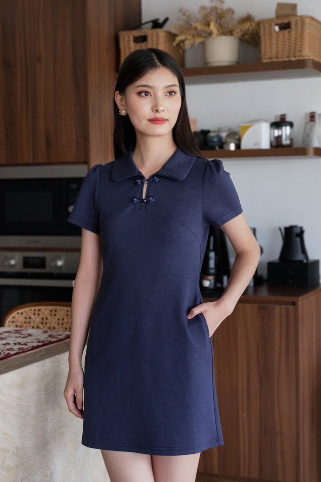 Yue Rose Cheongsam Polo Dress In Navy