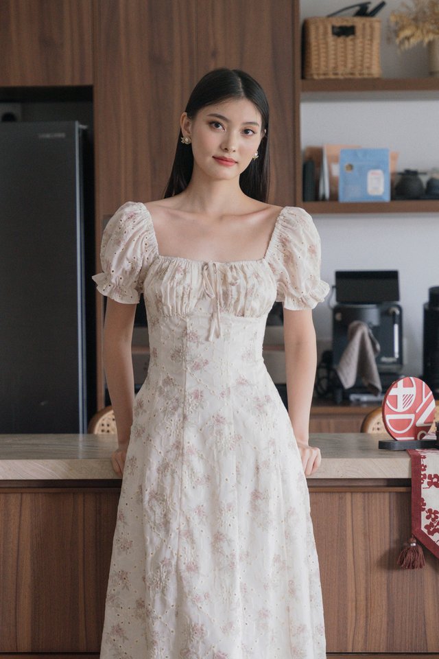 Magnolia Eyelet Ruched Midi Dress In Sand