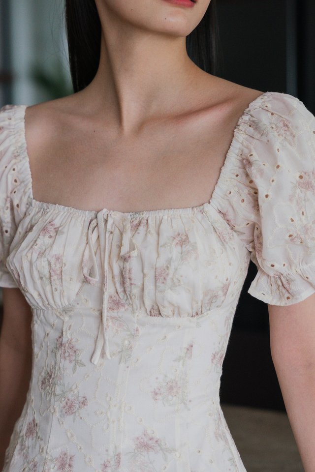 Magnolia Eyelet Ruched Midi Dress In Sand