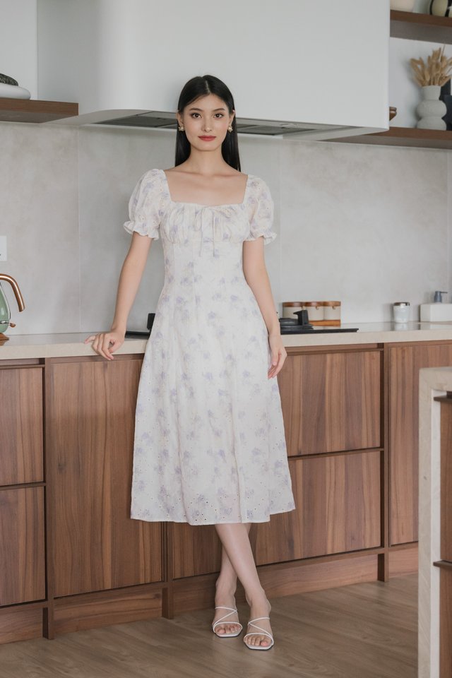 Magnolia Eyelet Ruched Midi Dress In Purple