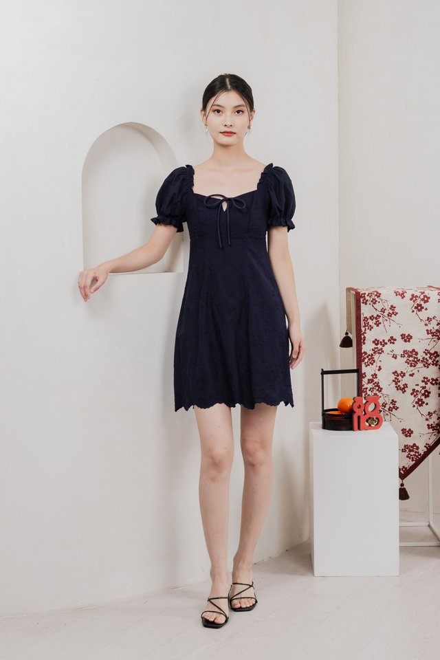 Sage Embroidered Tie Ribbon Dress In Navy