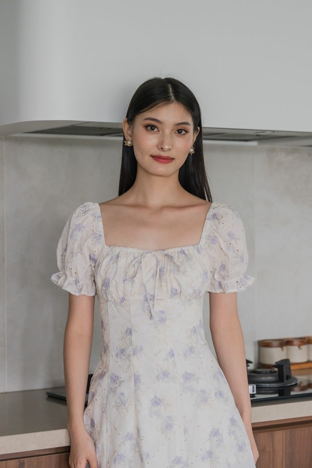 Magnolia Eyelet Ruched Midi Dress In Purple