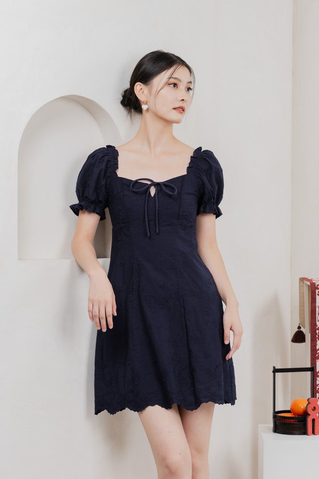 Sage Embroidered Tie Ribbon Dress In Navy