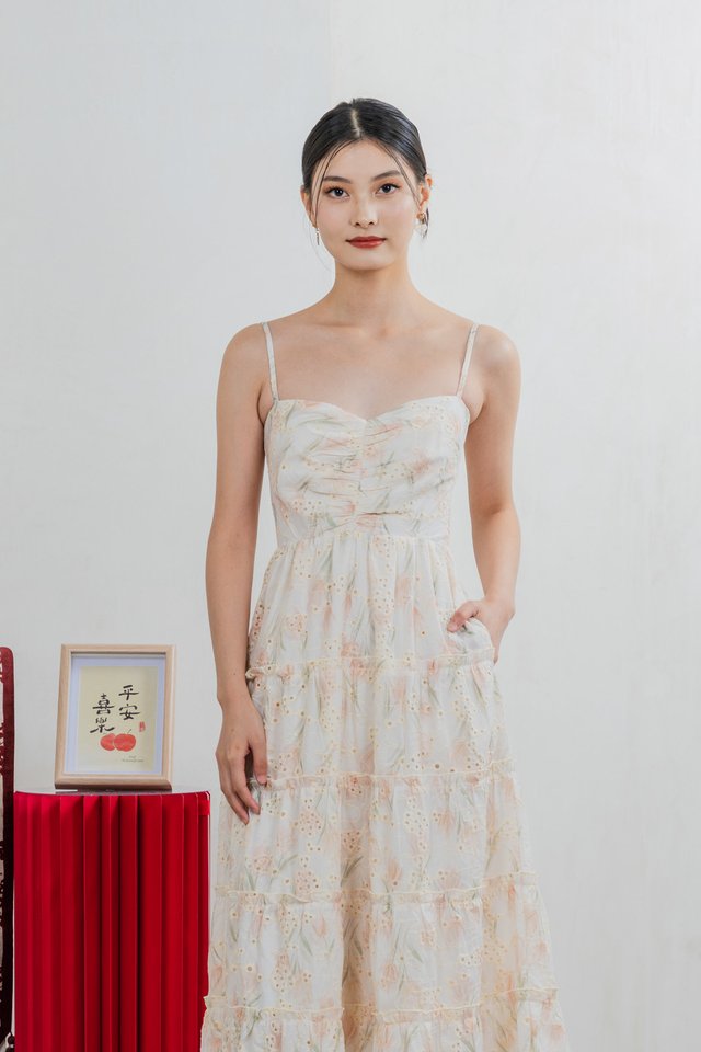 Jing Eyelet Floral Tiered Midi Dress In Cream