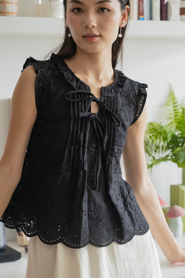 Heartstrings Eyelet Ruffles Top In Black