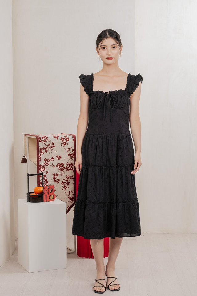 Touch of Spring Embroidery Midi Dress In Black