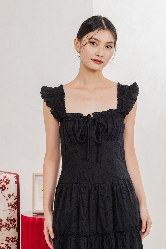 Touch of Spring Embroidery Midi Dress In Black