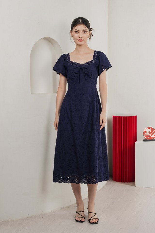 Princia Eyelet Ribbon Midi Dress In Navy