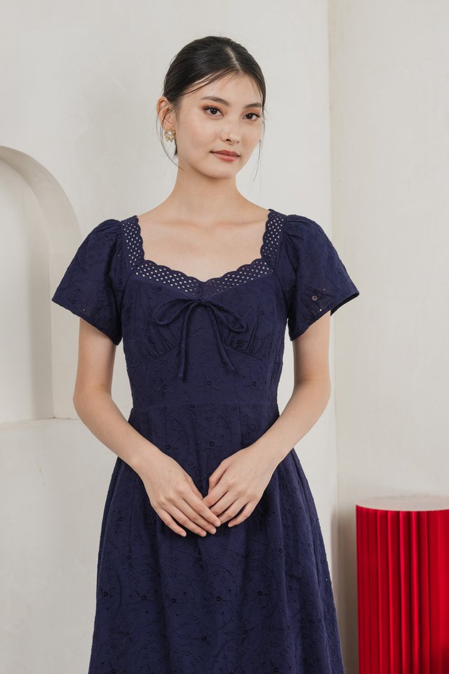 Princia Eyelet Ribbon Midi Dress In Navy