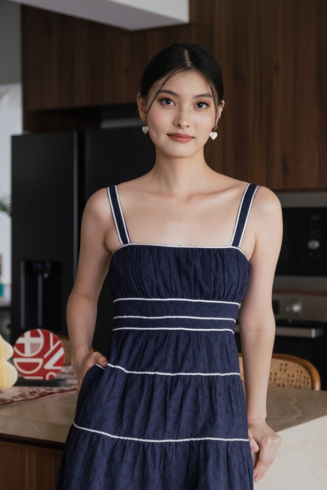 Vienna Eyelet Contrast Midi Dress In Navy