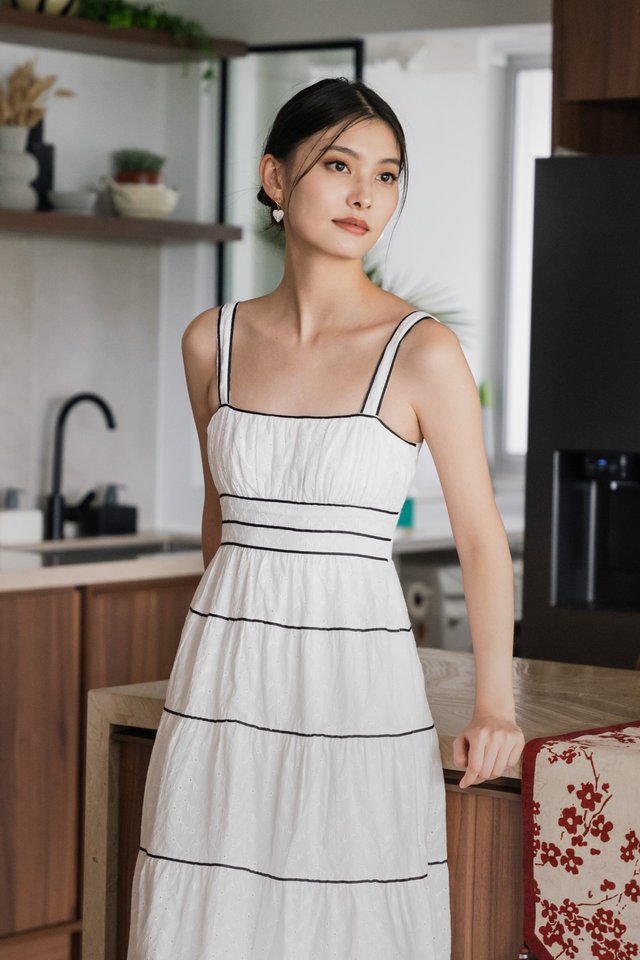 Vienna Eyelet Contrast Midi Dress In White