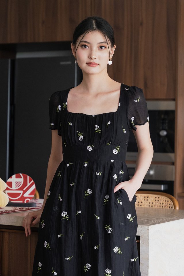 Rosea Embroidery Textured Midi Dress In Black