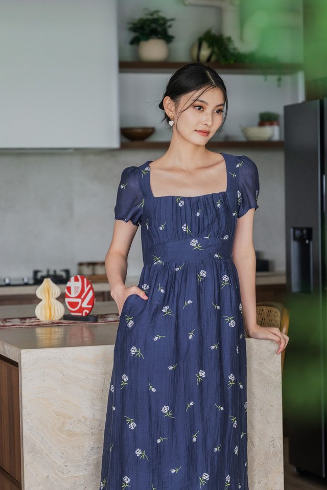 Rosea Embroidery Textured Midi Dress In Navy