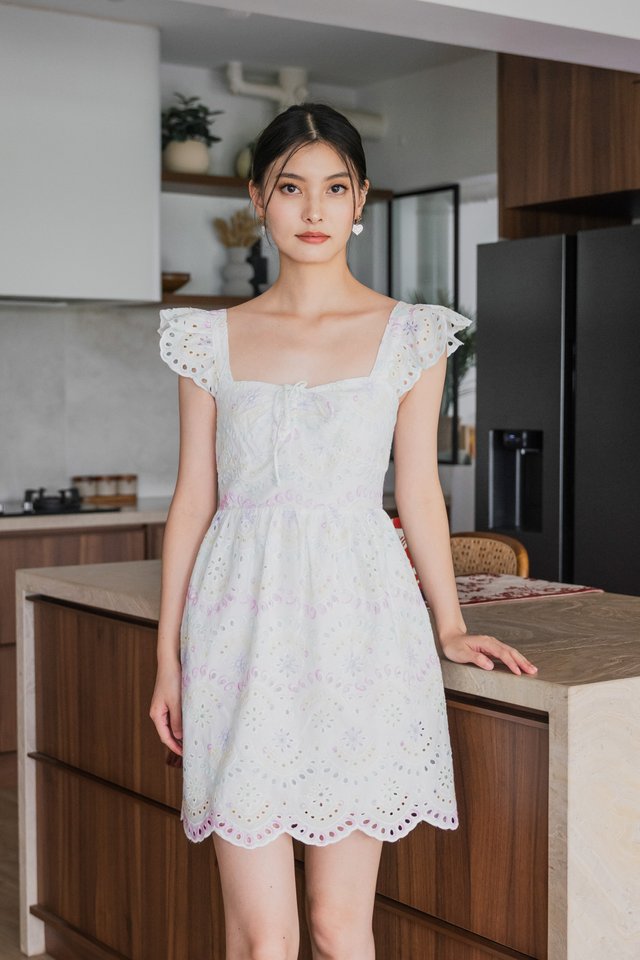 Rhys Rainbow Eyelet Ruffles Dress in Rainbow