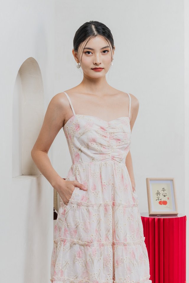 Jing Eyelet Floral Tiered Midi Dress In Blush Pink