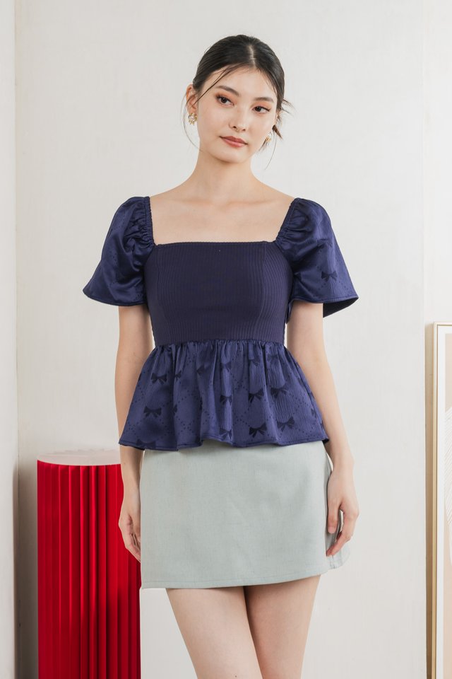 Marcelle Mixed Fabric Ribbon Texture Top In Navy